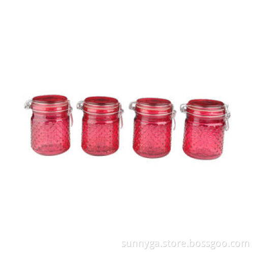 Red hobnail glass candle jar with glass lid and wire assembly